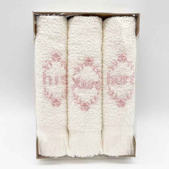 Vintage Victory Terry Finger-tip Towel Set His Hers Yours White Pink Flowers NOS